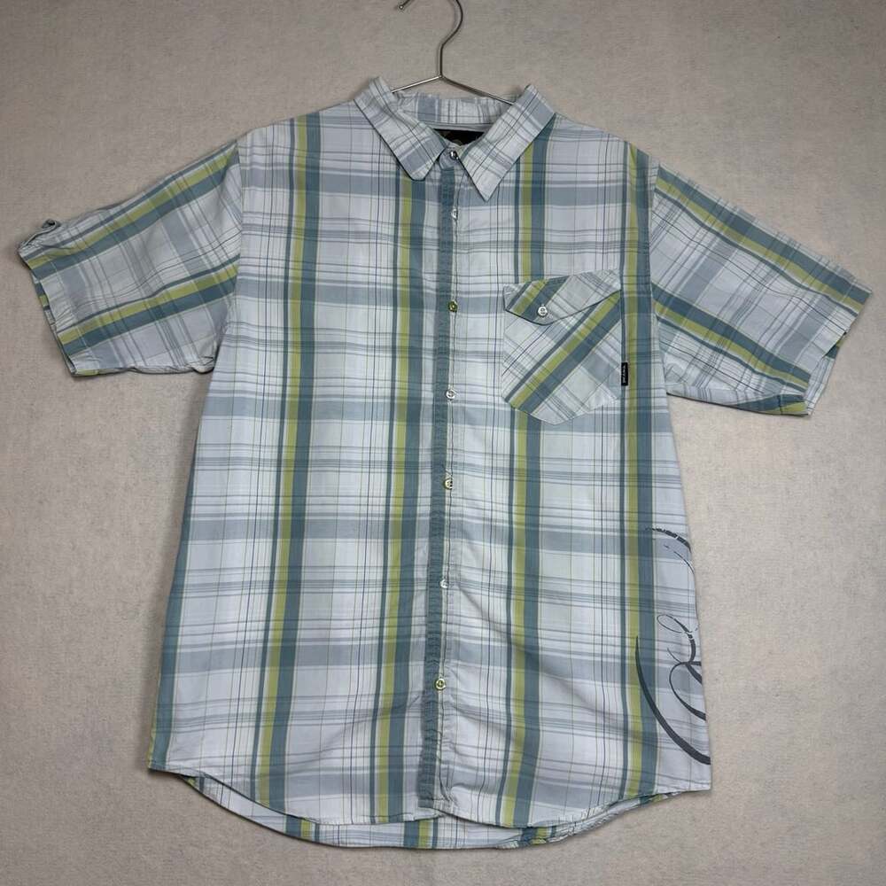 Y2K PrAna Shirt Mens Large Short Sleeve Button Up Plaid White Green